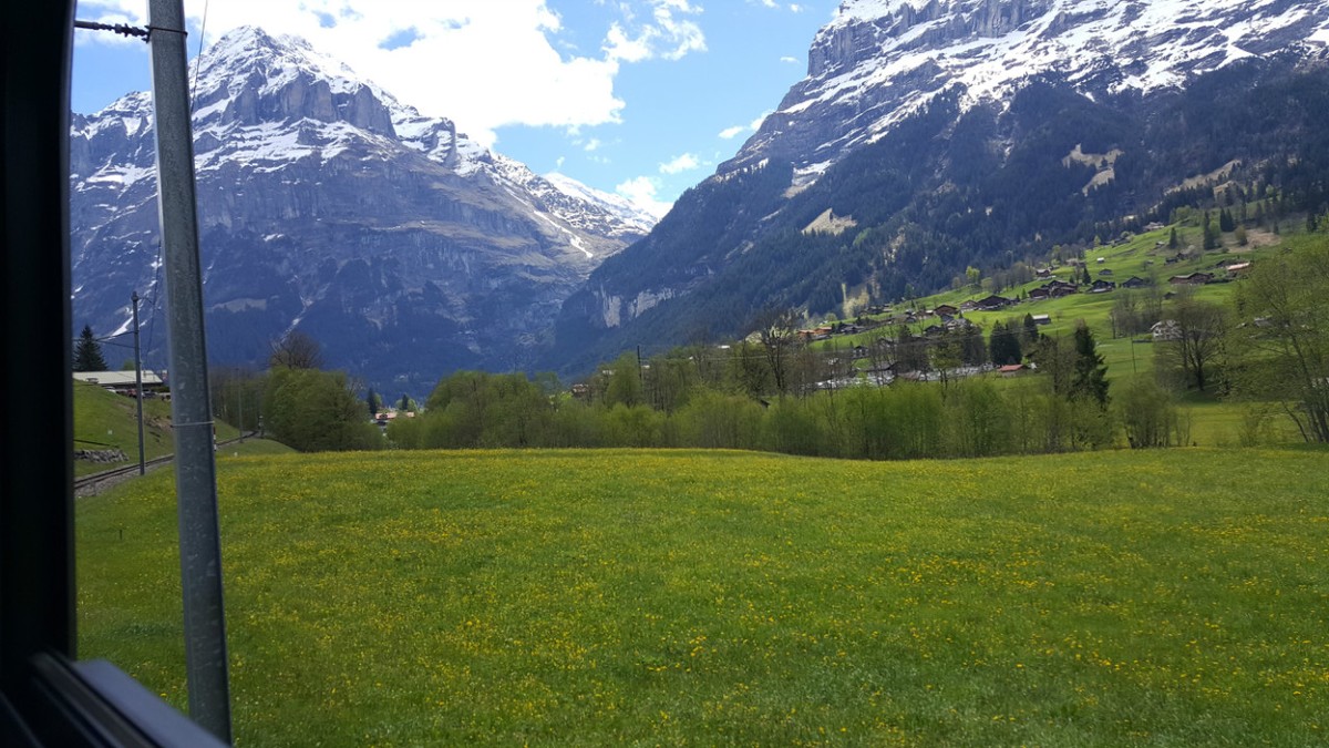 The scenery from Lauterbrunnen to Grindelwald by train.